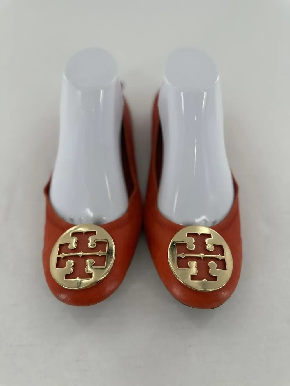 Tory Burch Flats Sz 8 Minnie Travel Orange Logo Office Classic Gold Logo Leather